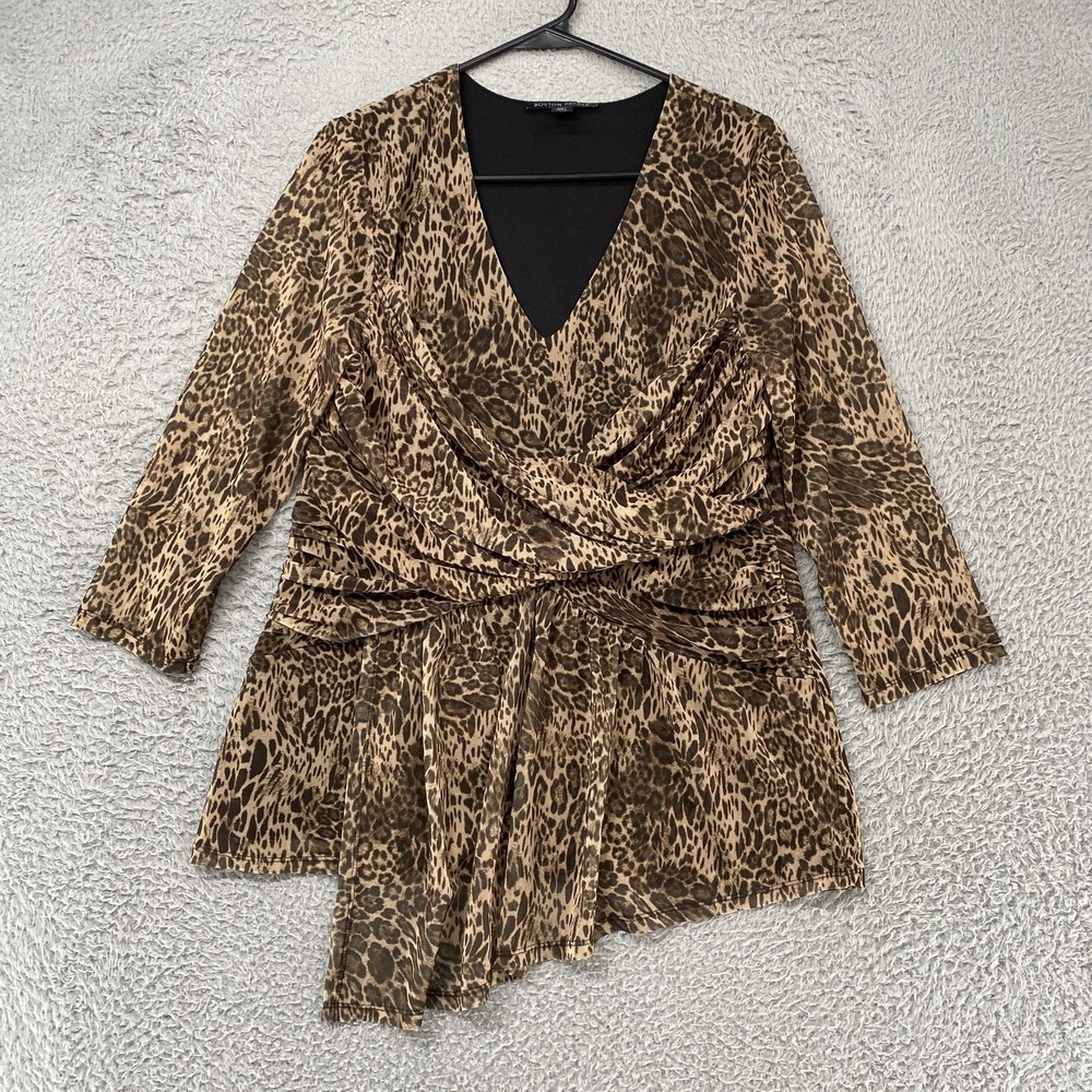 Boston Proper Tunic Top Womens Large‎ Brown Leopard Asym Hem Ruched Animal